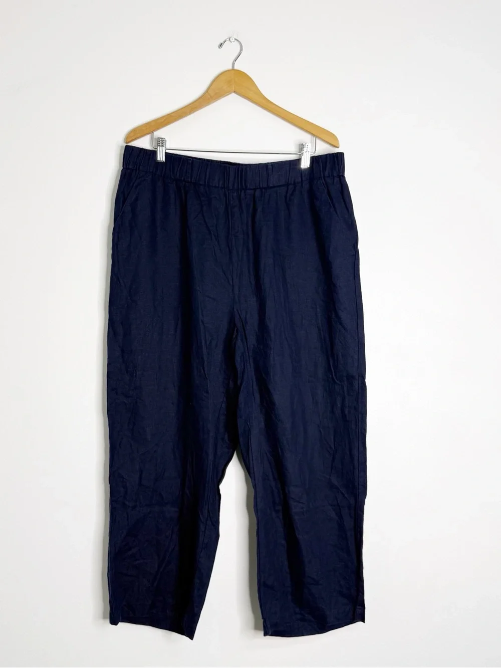 Quince 100% Linen Pull On Crop Pants Navy Blue 1X Wide Leg Pockets